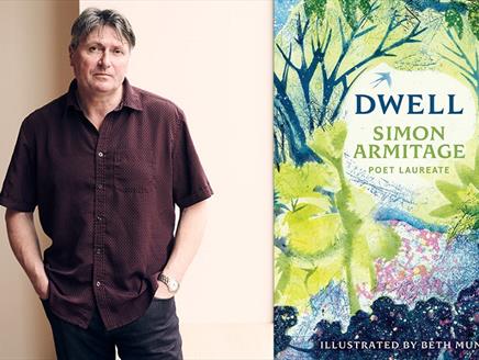 Poet Simon Armitage next to a copy of his new book Dwell.