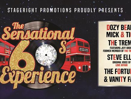 Old fashioned bus with a slipping record in front. List of performers.