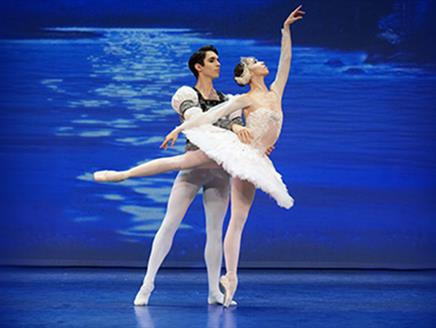 A male and female ballet dancer. The female dancer is doing an arabesque in a feather tutu. The male dancer is in an a green and black leotard with la