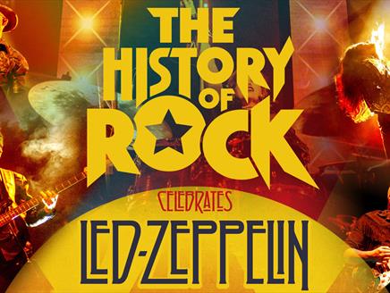 Rock musicians playing with text reading The History of Rock celebrates Led Zeppelin