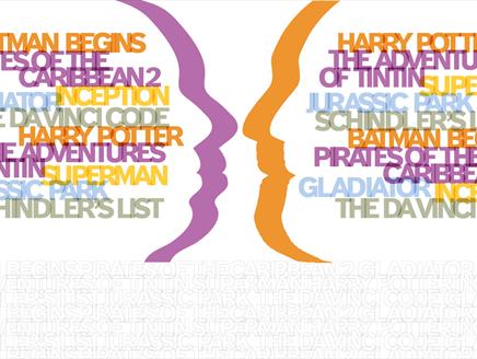 Two heads face to face, made up of film titles