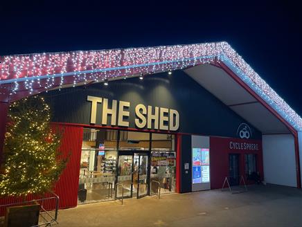 Christmas Lights and Christmas Tree at The Shed lit up at night