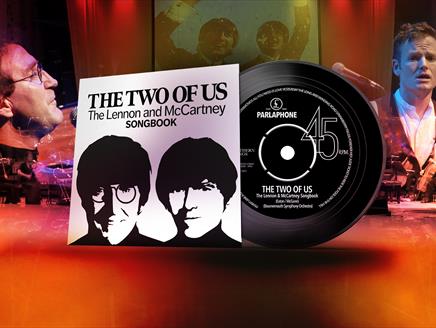 An album cover has the concert title and sillhouttes of Lennon and McCartney next to a record. In the background, the faces of the actors singing as t
