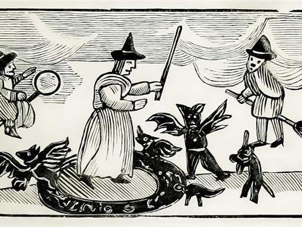 Tudor woodcut featuring witches