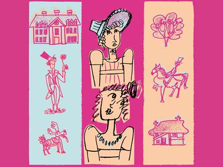 Illustrated characters from Sense & Sensibility appear on a bright pink background.