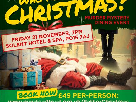 Poster saying 'Who killed Father Christmas'. Showing Father Christmas lying on the floor behind a pile of colourfully wrapped presents with a shadowy