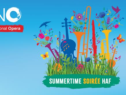 The image displays orchestral instruments sat upright in grass with birds and musical notes flying out of them. The image is set to a blue background