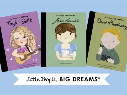 Three book covers from the Little People, BIG DREAMS® series are arranged on a pale blue background with Little People, BIG DREAMS® written on a white