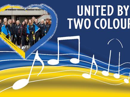 The Ukrainian Flag with a photograph of a choir and musical symbols, illustrating the theme of unity through their harmonious interaction.