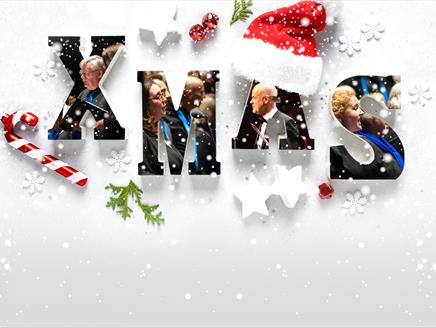 A background of wintery foliage and inside the letters XMAS are images of conductors and singers from the BSO
