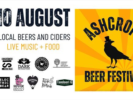 a bird with a top hat on the right with columns of brewery logos on the left