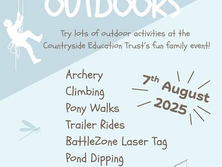 Image showing some of the activities you can try at the event. Archery, Climbing, Pony Walks, BattleZone Laser Tag, Pond Dipping, Trailer Rides and mo