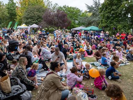 Lots of family groups sat on grass with gazebos in the background.