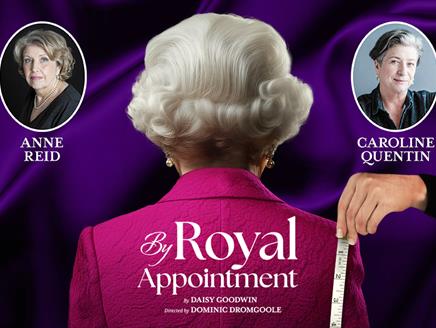 Queen faces a purple background. Measuring tape at her shoulder