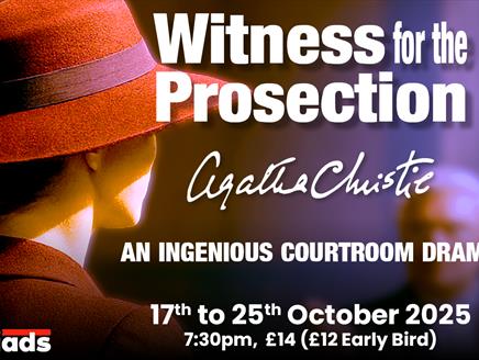 Poster for Witness for teh Presecution:  A lady in a 1930's style suit stands before a distant barrister.