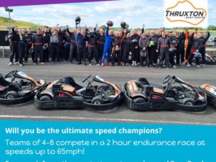 A full throttle outdoor karting endurance race leaflet for the Rose Road Association at Thruxton Kart Centre, featuring a high-speed go-kart on the tr