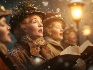 Woman singing underneath a street lamp outside