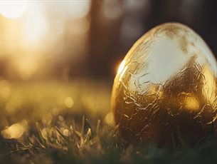 An egg coated on gold foil sat on the grass in the sun