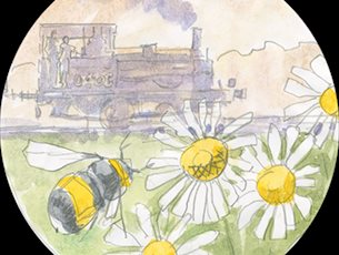 Picture of drawing/painting of train, flowers and bees