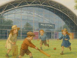 Children playing outdoor games in front on Milestones Museum