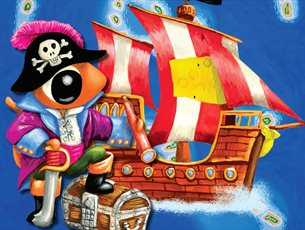 A mouse dressed as a pirate stands with one foot on a treasure chest in front of a pirate ship on a blue background.