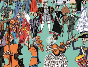 A playful cartoon illustration depicts historic characters on a green background.