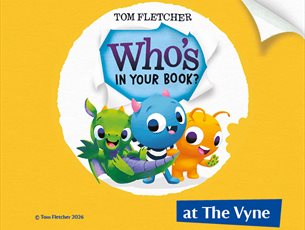 Characters from Tom Fletcher's 'Who's in Your Book' series appear on a yellow background next to the words 'at The Vyne'.