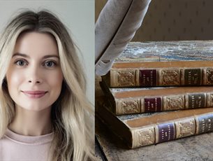 An image of Nichola McNulty alongside three volumes of a first edition of Pride and Prejudice