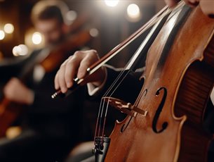 Close-up of a musician playing a cello during a live orchestral performance, with another string player softly blurred in the background.