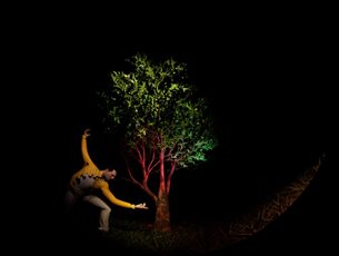 A performer in a yellow costume reaches towards a lit tree in a dance-like pose.