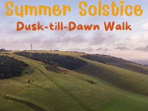 An image of Butser Hill as the sun sets with Summer Solstice Dusk-till-Dawn walk written in the horizon