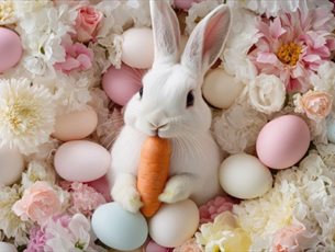 Rabbit with carrot laying in a background of Easter eggs