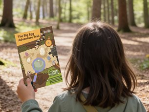 A picture of a child walking on the woodland path holding our Easter trail booklet 