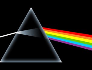 Pink floyd album cover artwork. There is a white triangle and a rainbow coming from the right hand side of the triangle.