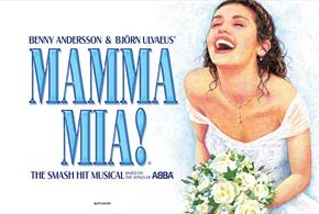 MAMMA MIA! Title next to young woman in wedding dress
