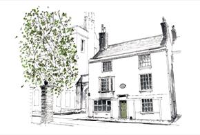 A pencil illustration of No. 8 College Street, Winchester, the house where Jane Austen spent her final weeks and died in 1817.