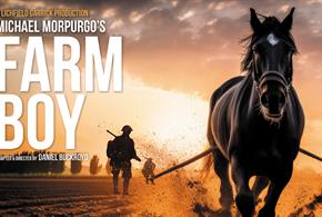 Poster for "Farm Boy" by Michael Morpurgo. Features a silhouette of a man walking with a rifle and a horse running, with a sunset in the background.