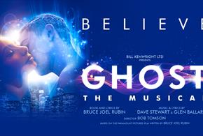 Ghostly man kisses woman's check over skyscraper skyline. Believe. Bill Kenwright ltd presents Ghost the musical book and lyrics by Bruce Joel Rubin M