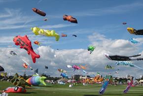 Photograph of kites in the air above Southsea Common for the Portsmouth International Kite Festival