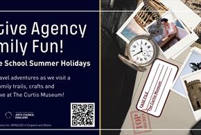 Time Detective Agency Summer Family Fun. Time Travel Adventures each week. Picture: A detective's desk with a notebook, magnifiying glass, polaroids,