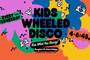 Poster for Kids wheeled disco at Pitt St Skate Park.