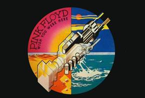 Album cover of Pink Floyd's Wish You Were Here. There is a circle split into four sections and colours - pink, blue, orange and turquoise. There are t