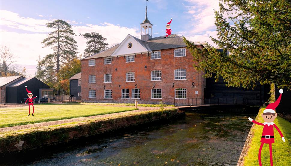 photograph of Whitchurch Silk Mill with knitted elves photograph of Whitchurch Silk Mill with knitted elves