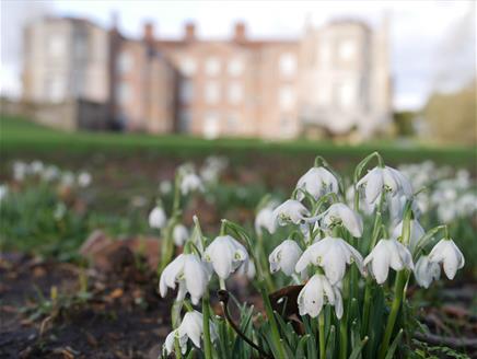 Mottisfont House in Winter with snowdrops in foreground