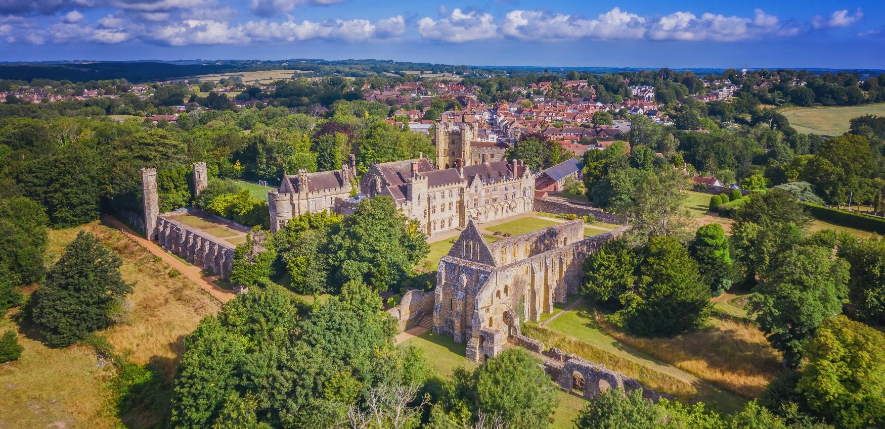 aerial photographs of Battle Abbey with town in the background