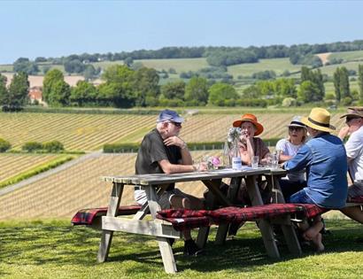 Visitors enjoying outdoor dining at the Winchelsea Gastronomic Promenade, overlooking vineyards and rolling countryside.
