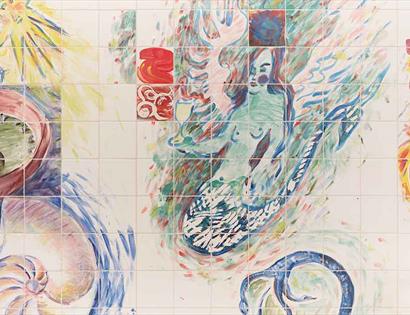 Lucy Stein, Detail: Wet Room (2021), Hand-painted ceramic tiles, bath, sink, shower head, black acrylic mirror, water. Installation view, Wet Room, Sp