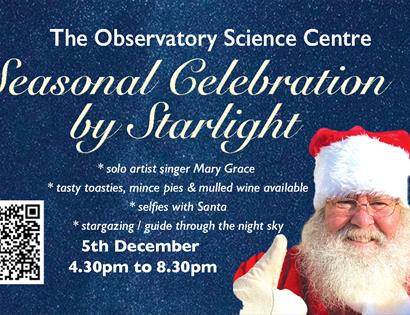 Night-sky themed poster with bold white heading “Seasonal Celebration by Starlight,” promoting the Observatory Science Centre. Central gold line-art o