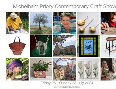 poster for Michelham Priory Sussex Guild Craft Show. Shows photograph of leatherwork, frames, jewellery, furniture and painting.