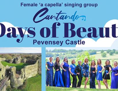 Promotional poster for Cantando singing group performing Days of Beauty at Pevensey Castle, with castle and choir images.